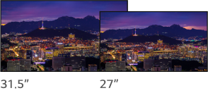 Two 31.5-inch and 27-inch displays with a 16:9 ratio, showing a night view of the city, are arranged left to right.