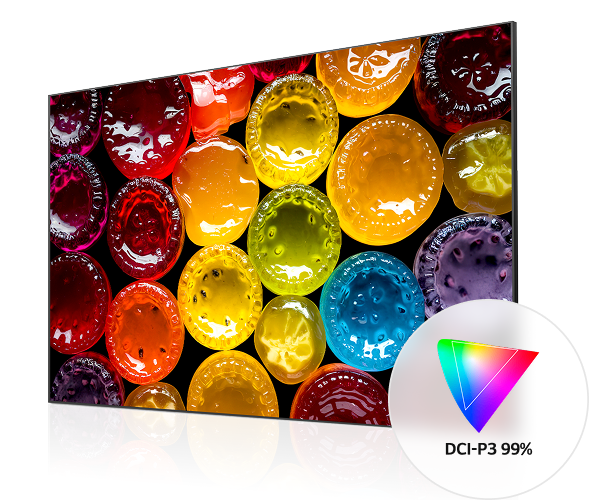 An image emphasizing IPS Black 2.0’s 99% DCI-P3 color reproduction. Vibrant, colorful jelly-like objects showcase accurate and rich color representation.