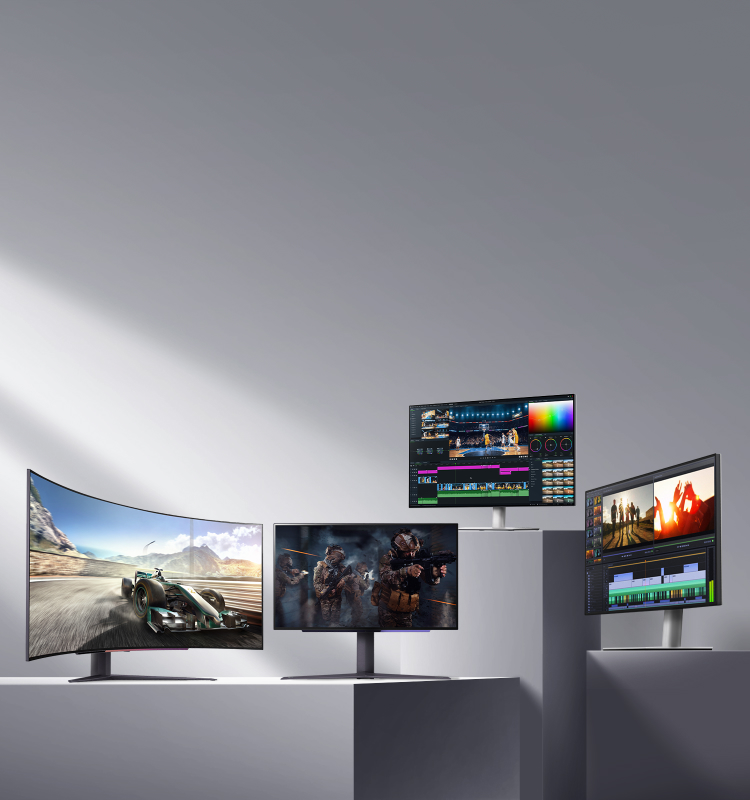 Four LG Display monitors showcasing different uses: from left to right, a racing game, a first-person shooter, video editing, and color grading. Highlights include powerful gaming performance and vivid color expression for creators.