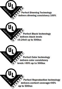 Four UL Verified marks for dimming accuracy, black levels, and color consistency, along with an Intertek certification mark for Color Fidelity.