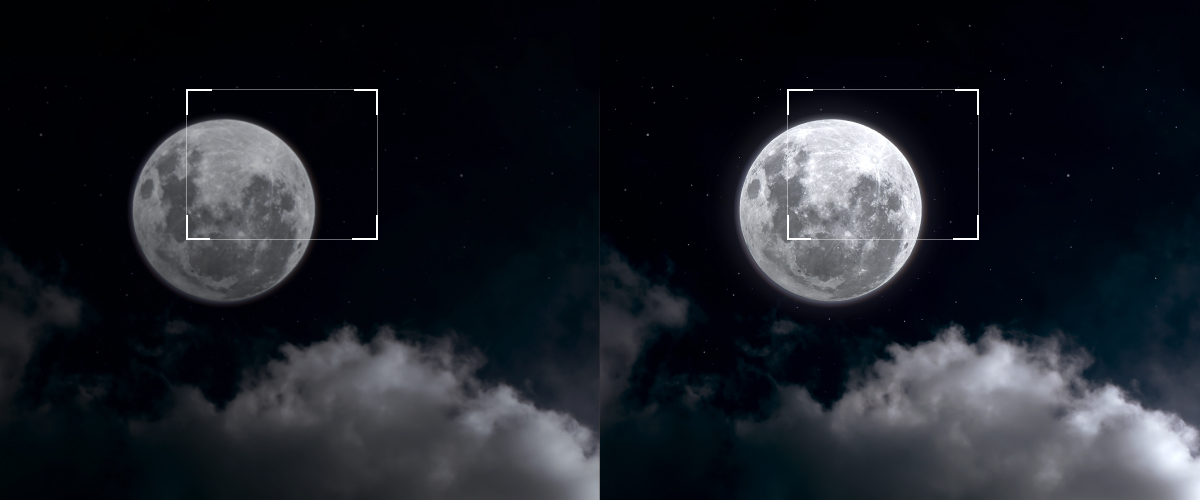 This image compares two photos of the moon, where the moon image on the current display is blurry at 1000nits, while the OLED display on the right shows sharp details of the moon at 1500nits.
