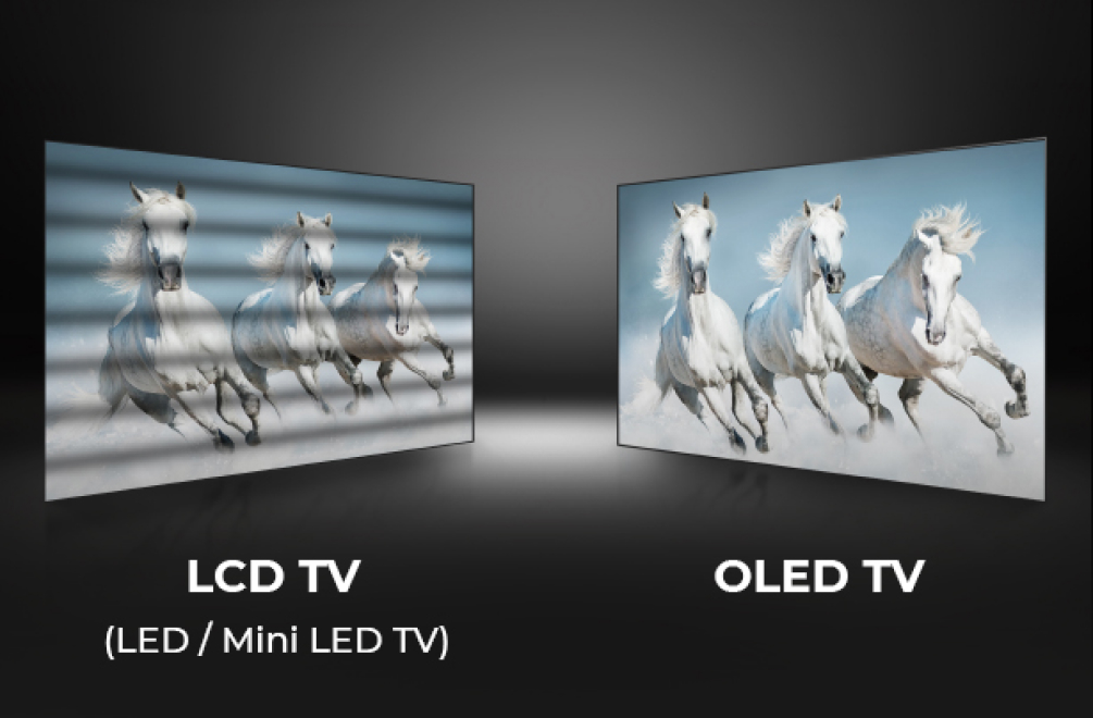 The two screens show three white horses running in the same way, but LCD TV blinks in the middle, while OLED TV does not.