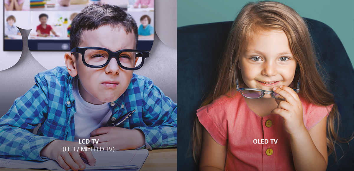 The boy on the left, dressed in blue stripes, is wearing glasses and frowning, while the girl in pink on the right is smiling while taking off her glasses.