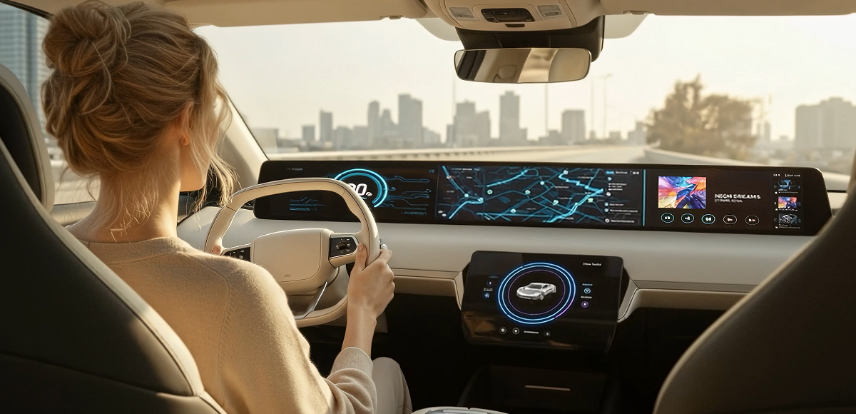 대시보드 전체를 가로지르는 초대형 필러투필러(Pillar-to-Pillar) 차량용 디스플레이가 탑재된 미래형 자동차 내부 인테리어와 주행 장면.