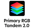 검은색 사각형 배경 안의 4층 적층 구조 아이콘과 'Primary RGB Tandem 2.0' 텍스트 로고.