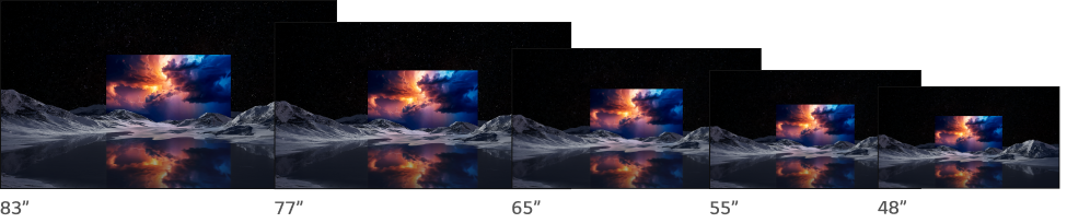 The Tandem WOLED product lineup available in various screen sizes: 83', 77', 65', 55', and 48'.