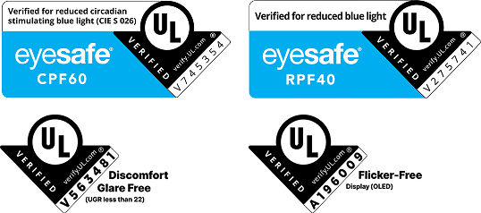 Four types of UL Eyesafe and Verified certification marks for Circadian Stimulating Blue Light (CPF60), Reduced Blue Light (RPF40), Discomfort Glare Free, and Flicker-Free display.