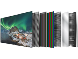 풍경 화면 뒤로 백라이트와 여러 장의 광학 시트가 겹겹이 나열된 층상 구조